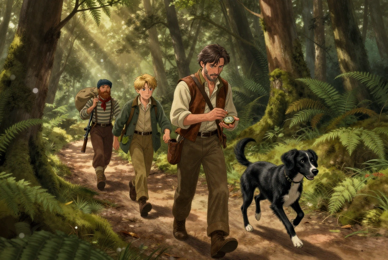 Cyrus Smith führt die Freunde mit dem Kompaß durch den dichten Westwald — Harbert und Top vorneweg, Pencroff schultert den Proviantsack.
