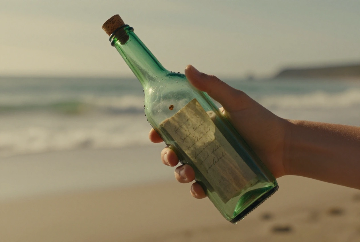 Eine triefende Glasflasche in Harberts Hand — drinnen ein gefalteter Zettel mit krakeliger Schrift.