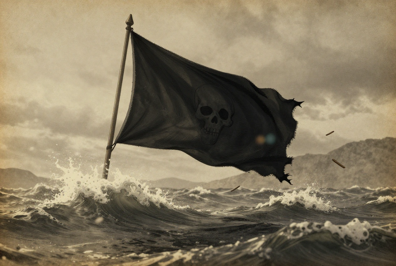 Die zerrissene schwarze Flagge treibt zwischen den Wellen.