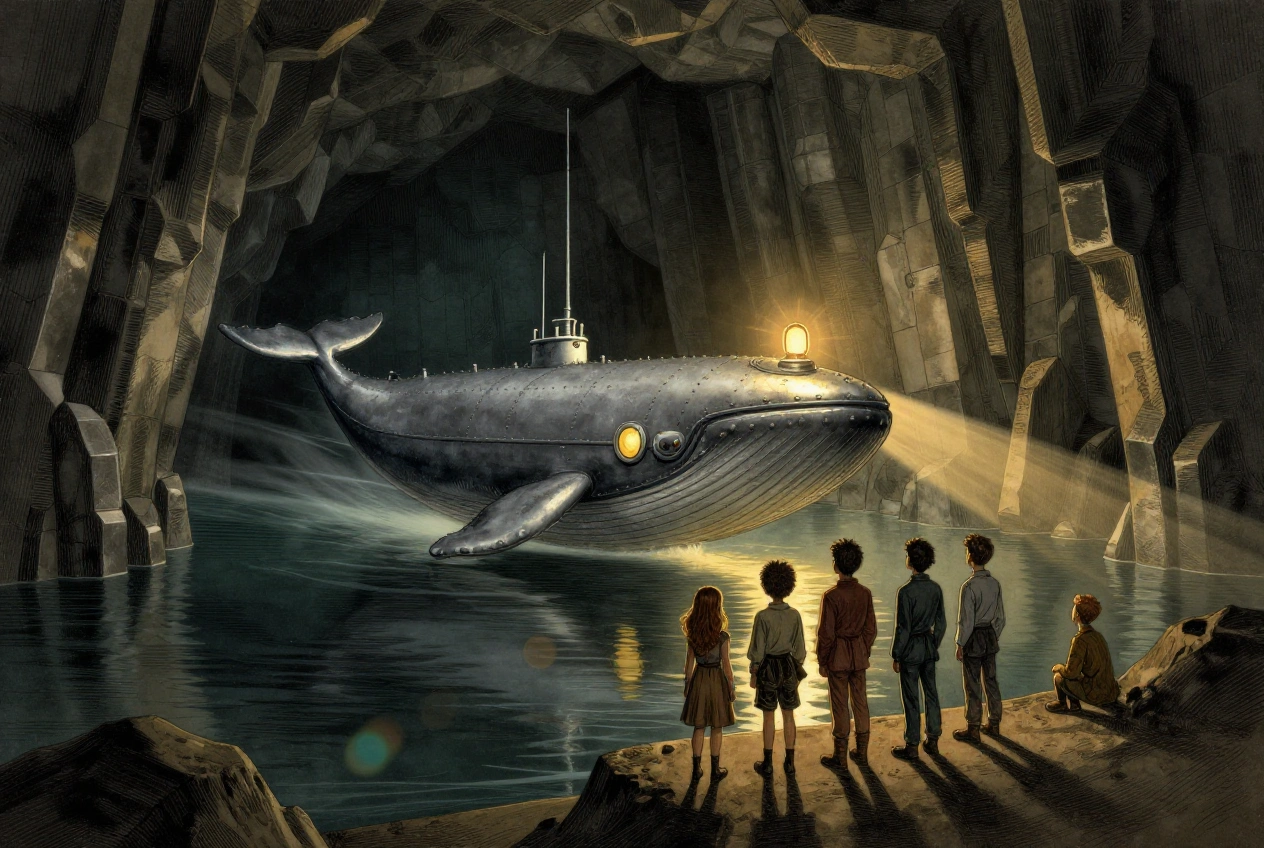 Im elektrischen Licht der ›Nautilus‹ erkennen die Freunde die schwimmende Stahlspindel zwischen den Basaltsäulen.